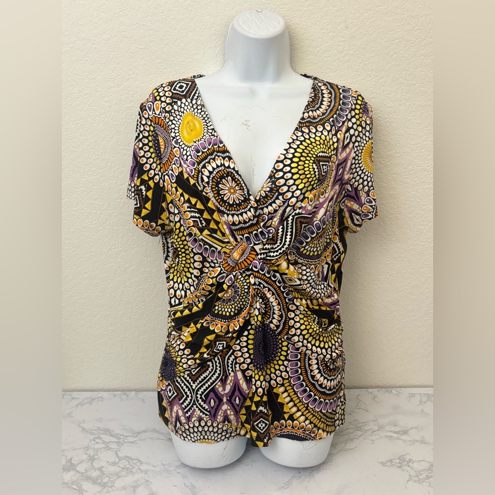 Cable & Gauge Women's Top - Short Sleeve V-Neck Sz L Paisley Faux Wrap Ruched - Picture 1 of 4
